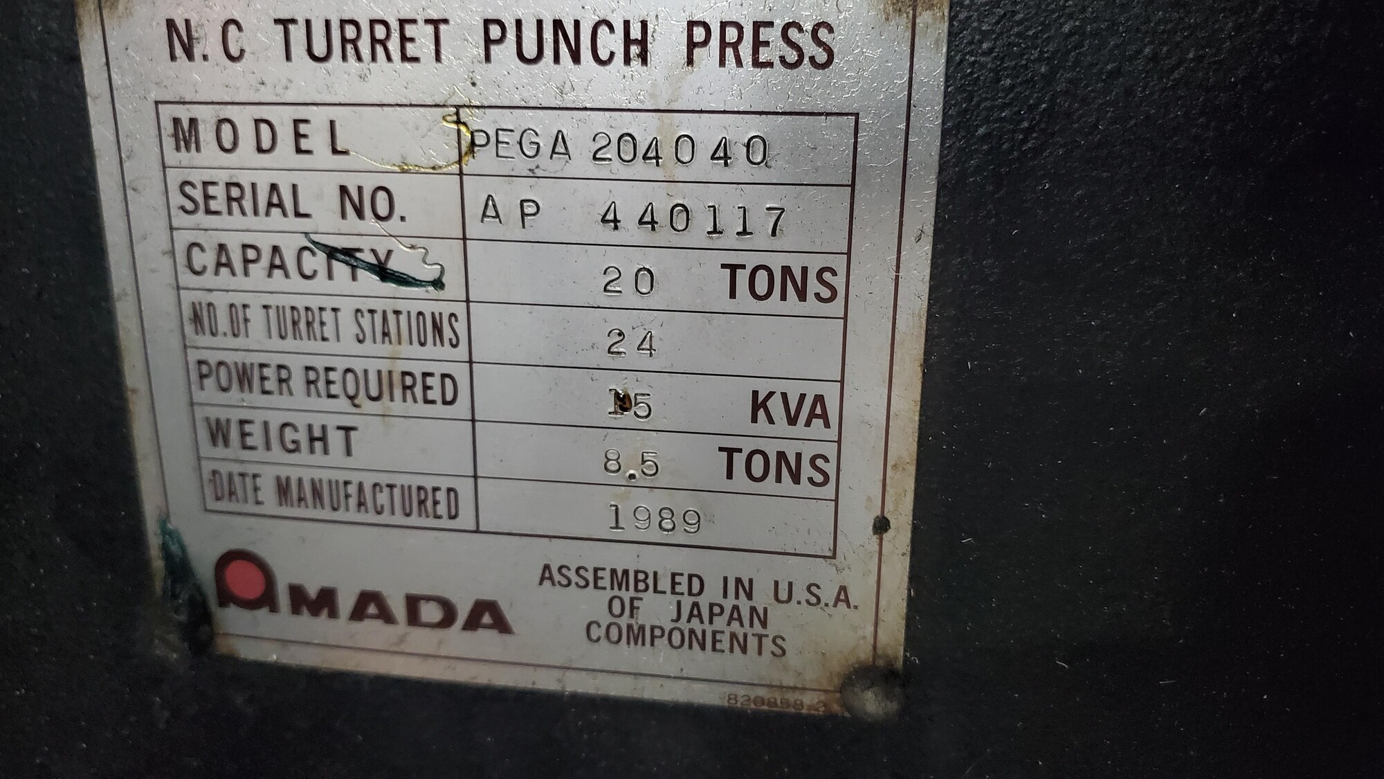 1993 AMADA PEGA 244 Punches, Turret | Midwest Tool, Inc.